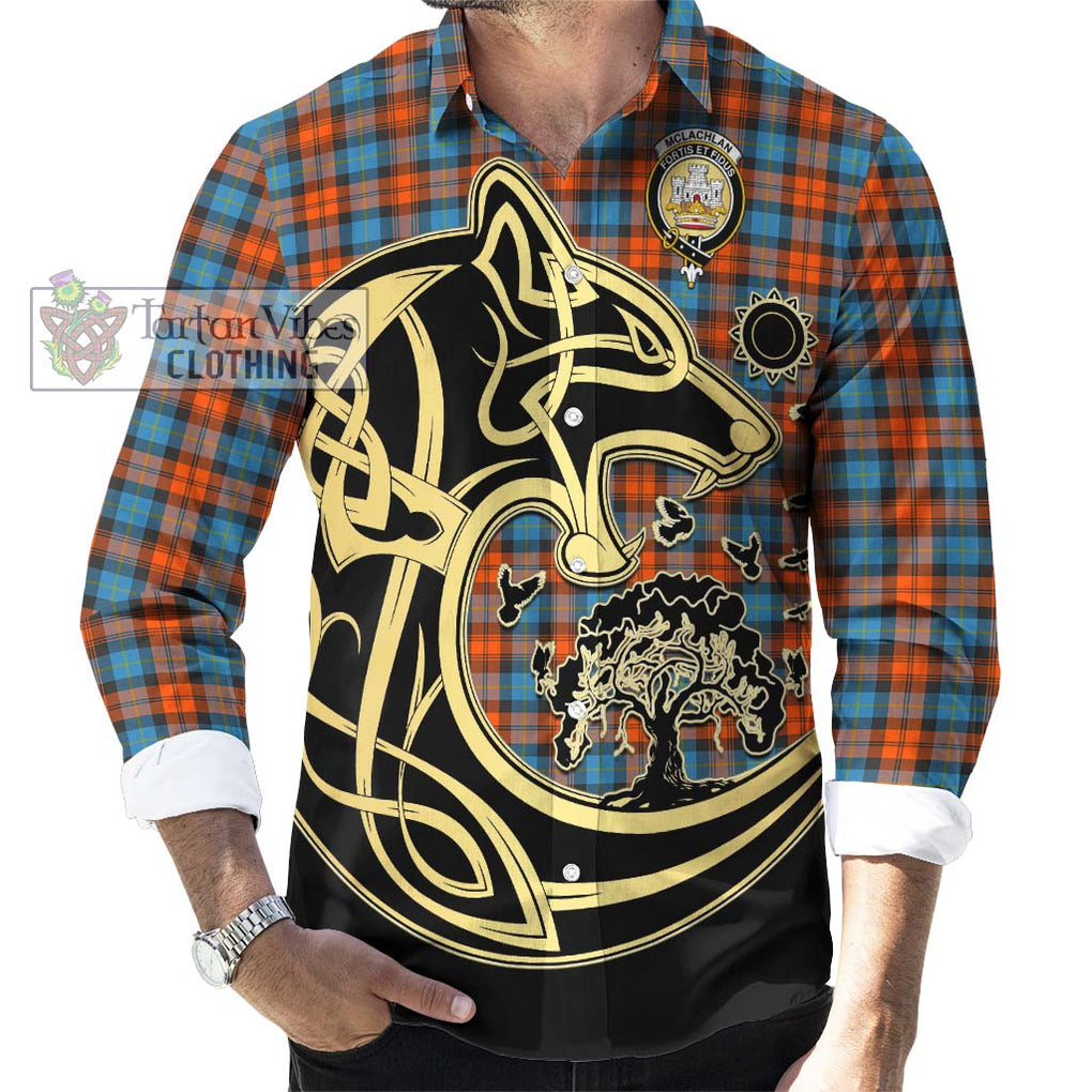 McLachlan Ancient Tartan Long Sleeve Button Shirt with Family Crest Celtic Wolf Style - Tartan Vibes Clothing