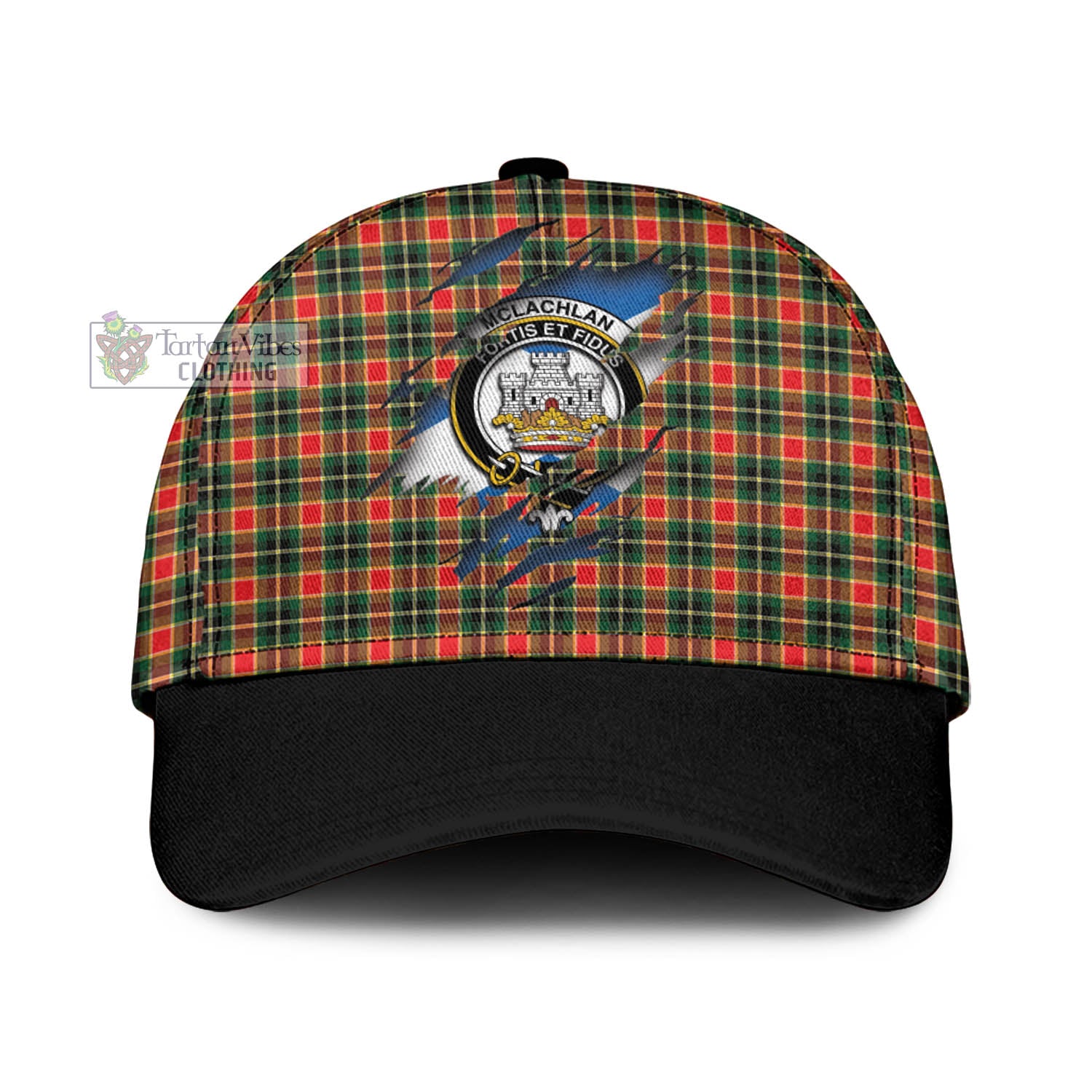 Tartan Vibes Clothing McLachlan Hunting Modern Tartan Classic Cap with Family Crest In Me Style