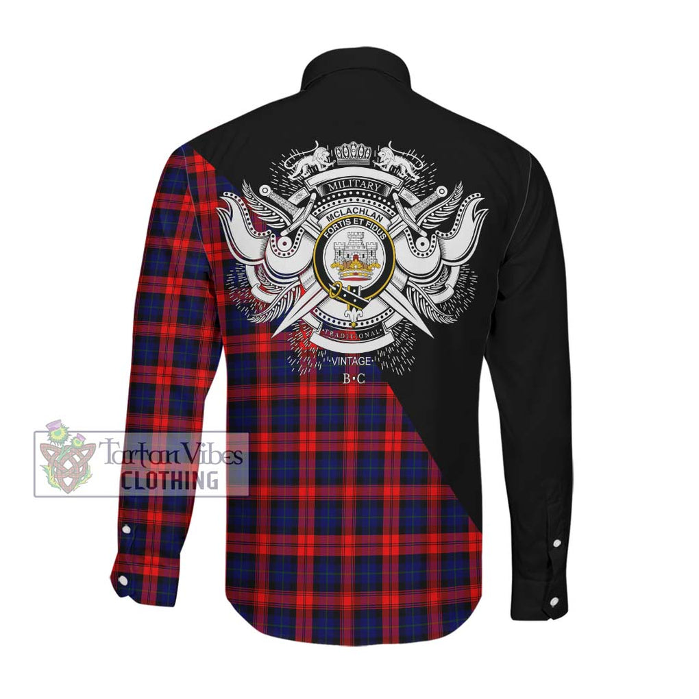 McLachlan Modern Tartan Long Sleeve Button Shirt with Family Crest and Military Logo Style Men's Shirt - Tartanvibesclothing Shop