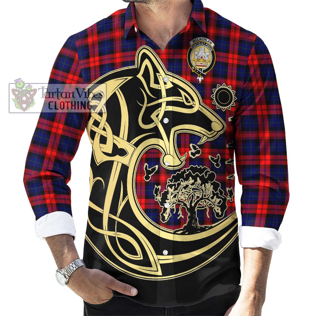 McLachlan Modern Tartan Long Sleeve Button Shirt with Family Crest Celtic Wolf Style - Tartan Vibes Clothing