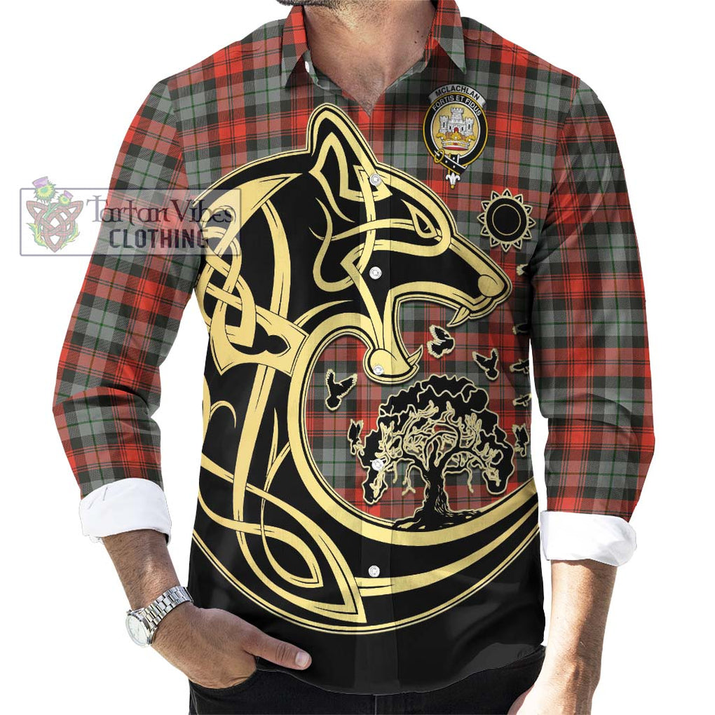 McLachlan Weathered Tartan Long Sleeve Button Shirt with Family Crest Celtic Wolf Style - Tartan Vibes Clothing