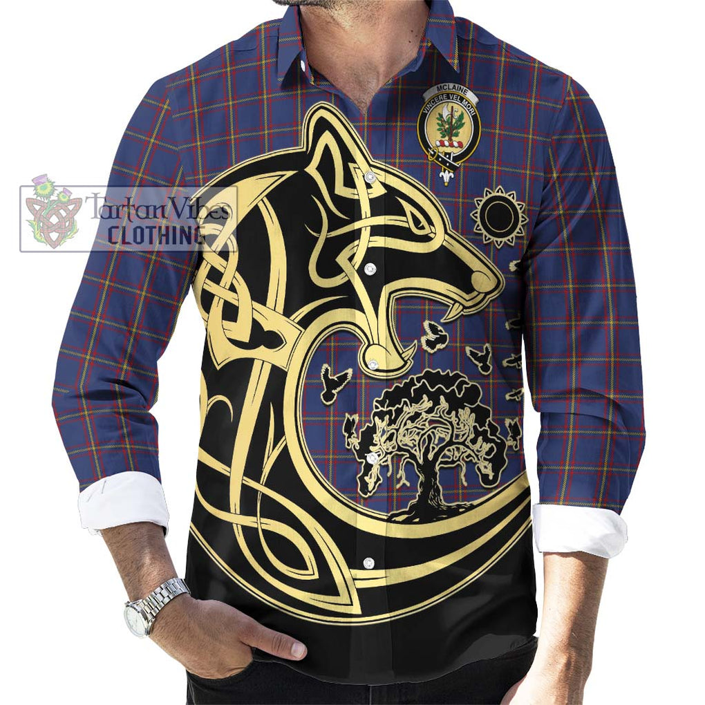 McLaine of Lochbuie Tartan Long Sleeve Button Shirt with Family Crest Celtic Wolf Style - Tartan Vibes Clothing