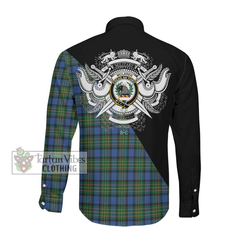 McLaren Ancient Tartan Long Sleeve Button Shirt with Family Crest and Military Logo Style Men's Shirt - Tartanvibesclothing Shop