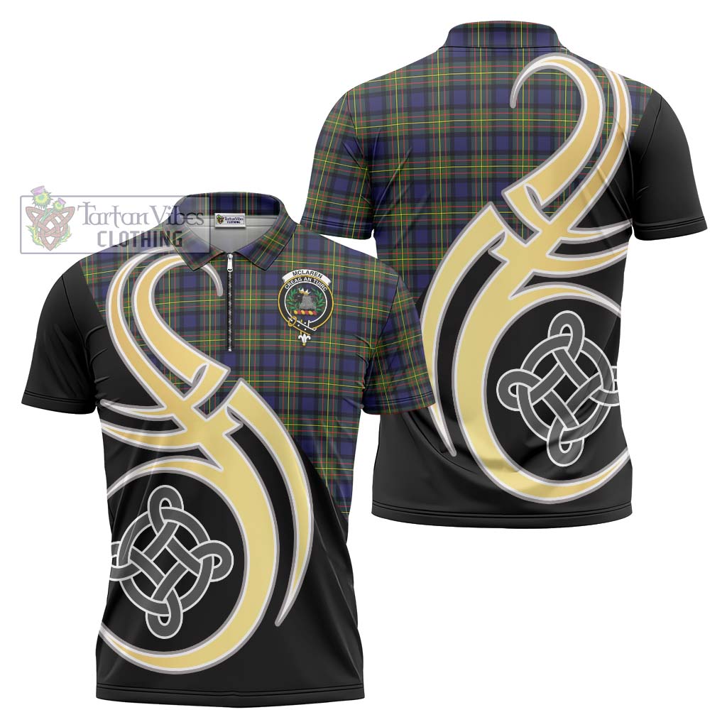 Tartan Vibes Clothing McLaren Modern Tartan Zipper Polo Shirt with Family Crest and Celtic Symbol Style