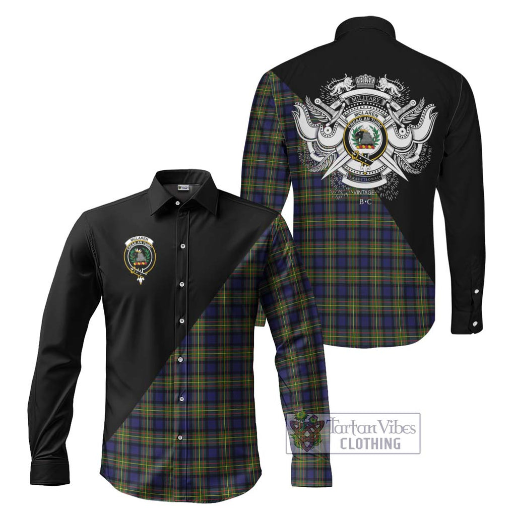 McLaren Modern Tartan Long Sleeve Button Shirt with Family Crest and Military Logo Style Men's Shirt S - Tartanvibesclothing Shop