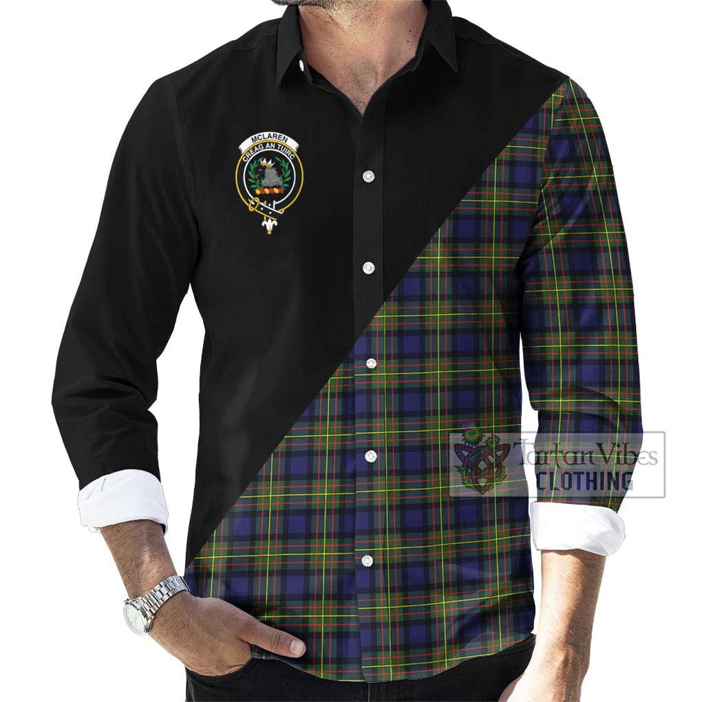 McLaren Modern Tartan Long Sleeve Button Shirt with Family Crest and Military Logo Style - Tartanvibesclothing Shop