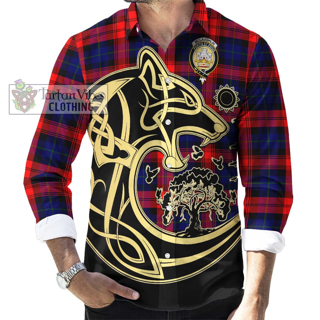 McLaughlin Tartan Long Sleeve Button Shirt with Family Crest Celtic Wolf Style - Tartan Vibes Clothing