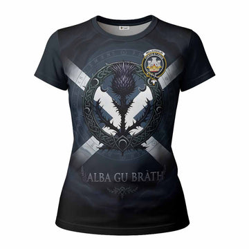 McLaughlin Clan Crest Women T shirt with Celtic Knot Thistle and Saltire