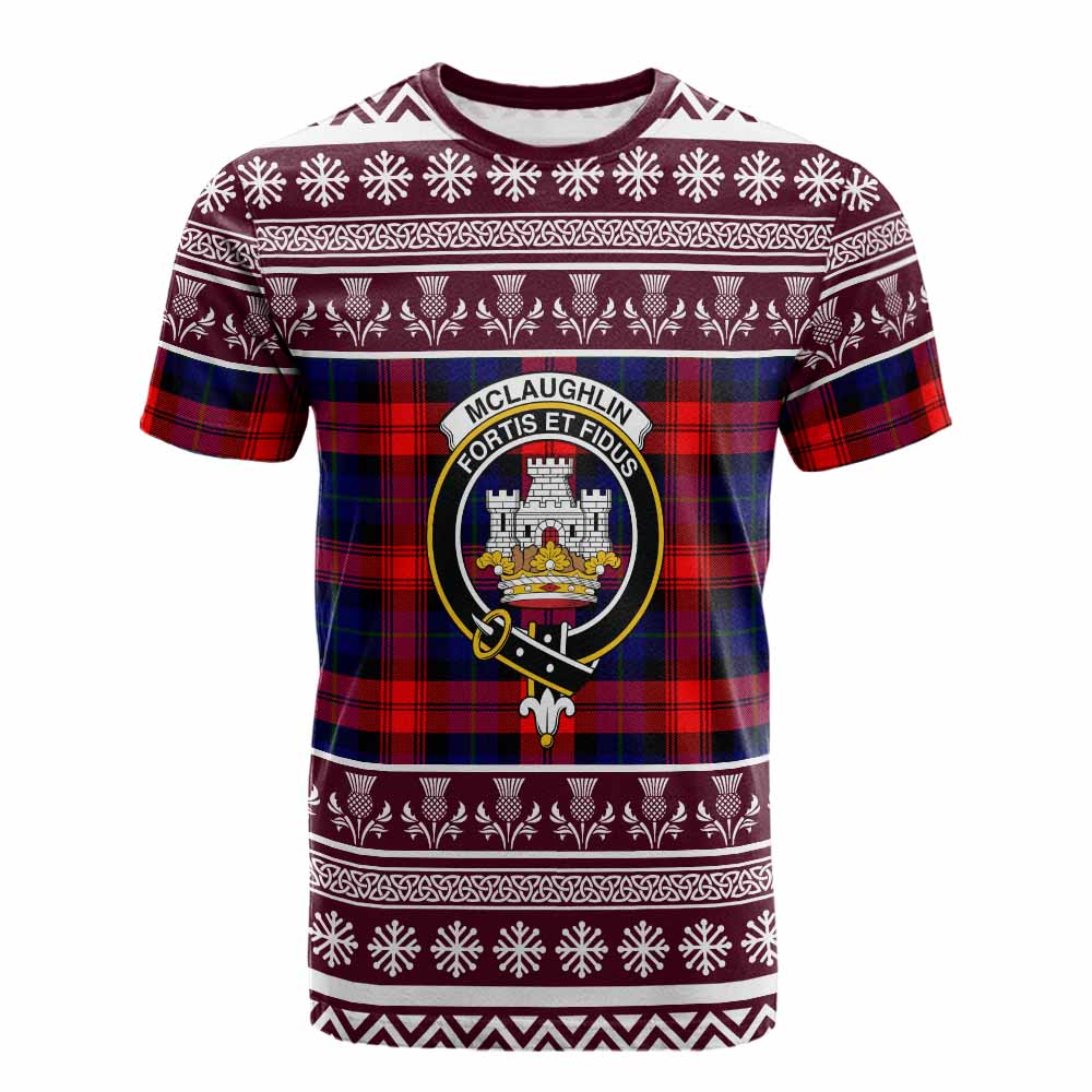 McLaughlin Clan Tartan Christmas Cotton T-shirt with Family Crest - Tartan Vibes Clothing