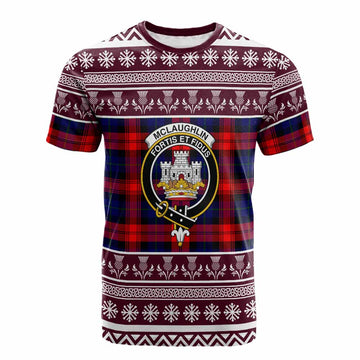 McLaughlin Clan Tartan Christmas Cotton T-shirt with Family Crest