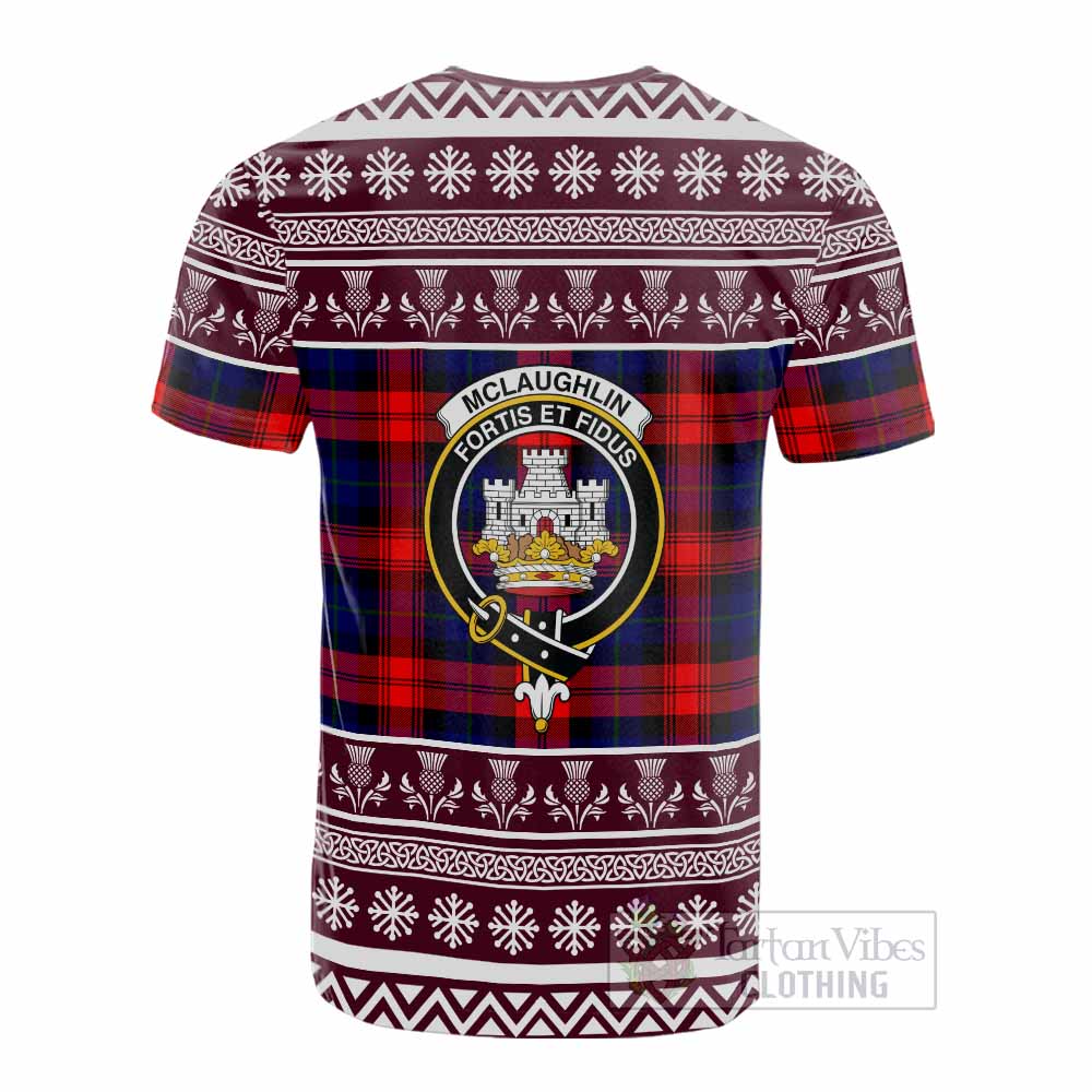 McLaughlin Clan Tartan Christmas Cotton T-shirt with Family Crest - Tartan Vibes Clothing