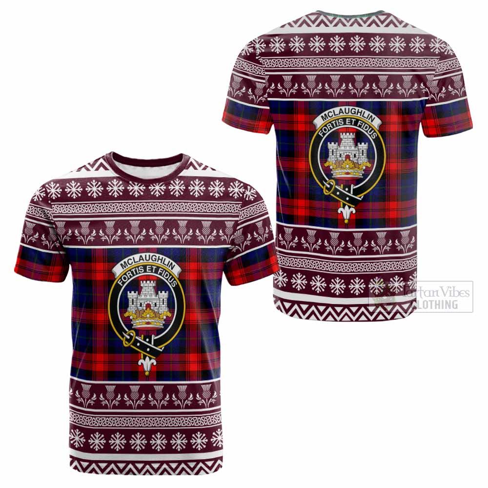 McLaughlin Clan Tartan Christmas Cotton T-shirt with Family Crest - Tartan Vibes Clothing