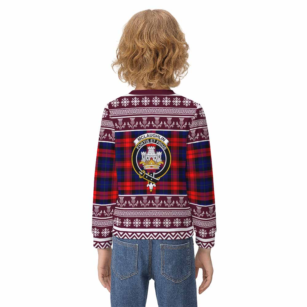 McLaughlin Clan Tartan Christmas Kid Ugly Sweatshirt with Family Crest - Tartan Vibes Clothing