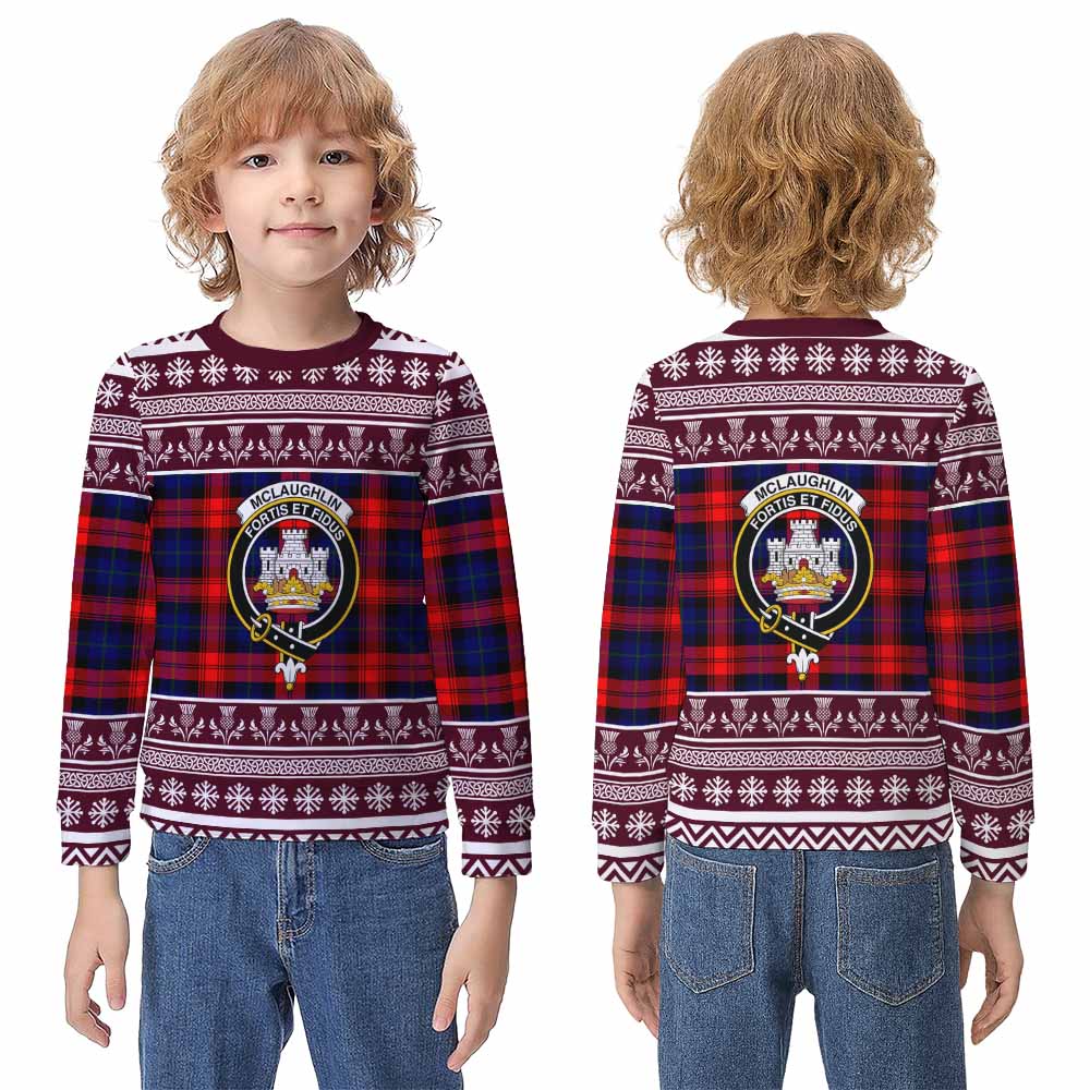 McLaughlin Clan Tartan Christmas Kid Ugly Sweatshirt with Family Crest - Tartan Vibes Clothing