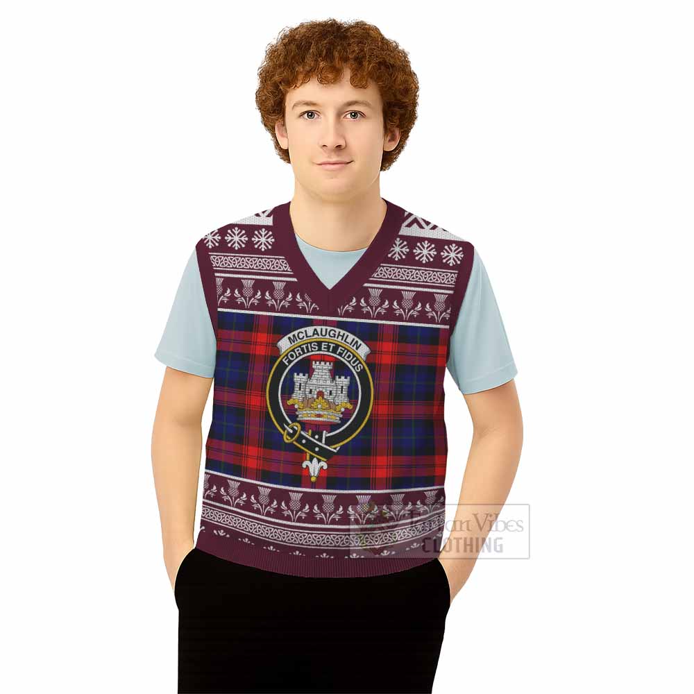 McLaughlin Clan Tartan Christmas Knitted V-Neck Vest with Family Crest - Tartan Vibes Clothing