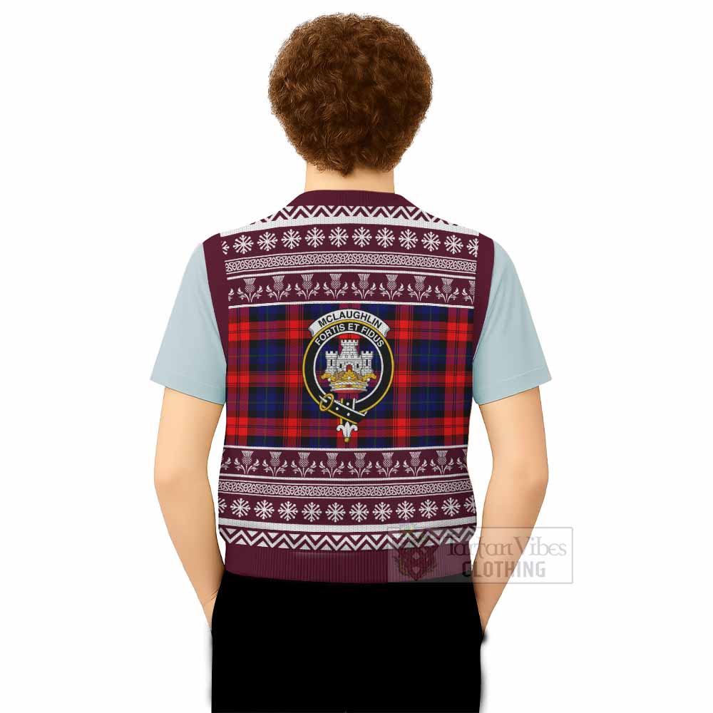 McLaughlin Clan Tartan Christmas Knitted V-Neck Vest with Family Crest - Tartan Vibes Clothing