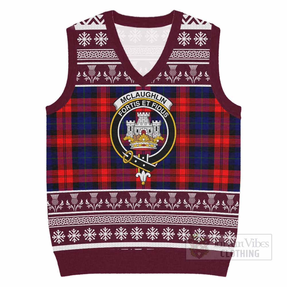 McLaughlin Clan Tartan Christmas Knitted V-Neck Vest with Family Crest - Tartan Vibes Clothing