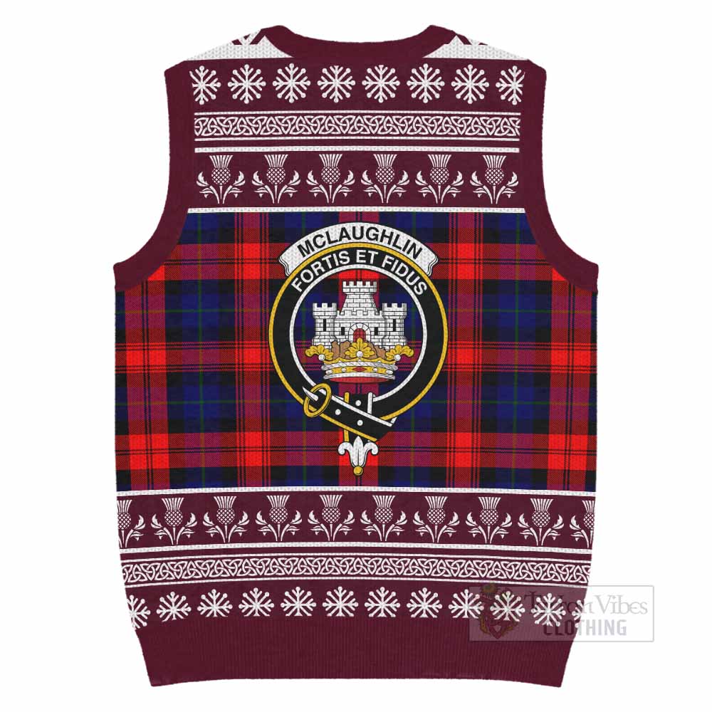 McLaughlin Clan Tartan Christmas Knitted V-Neck Vest with Family Crest - Tartan Vibes Clothing