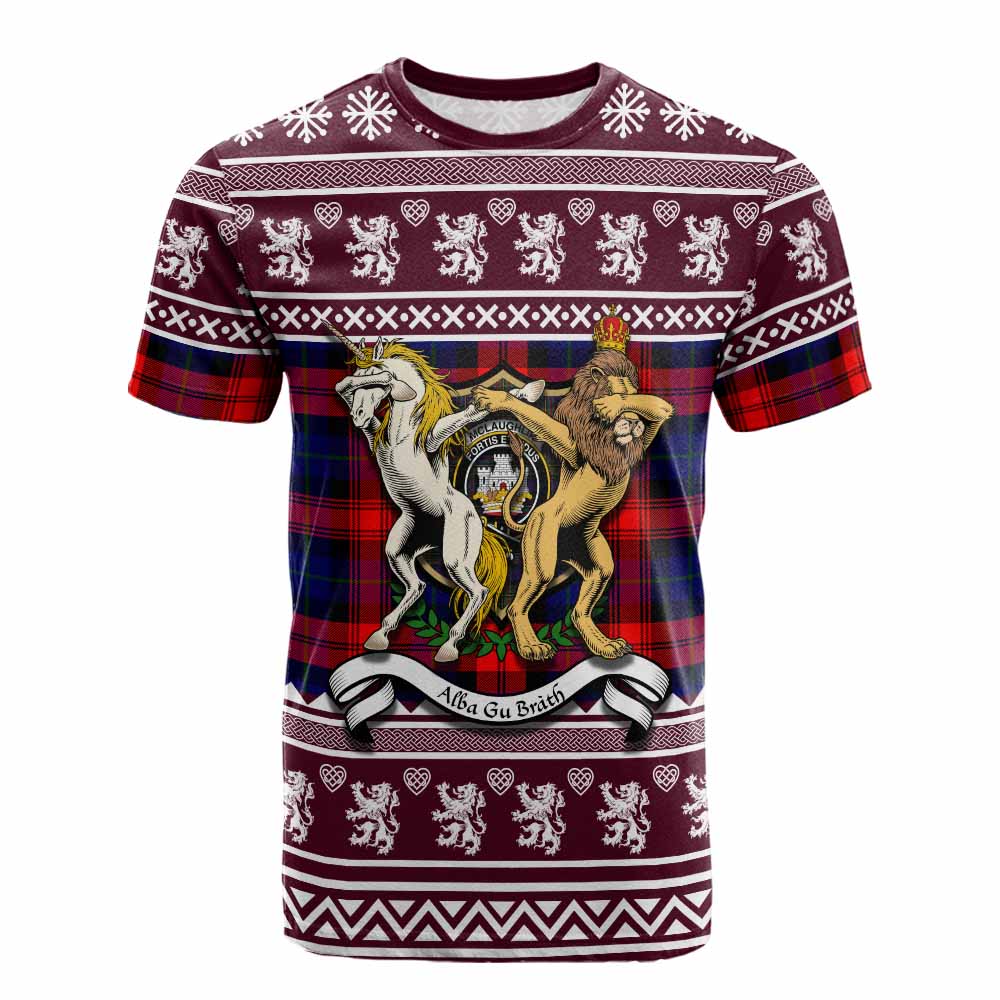McLaughlin Clan Tartan Crest Christmas Cotton T-shirt Coat of Arms Funny Style - Tartan Vibes Clothing