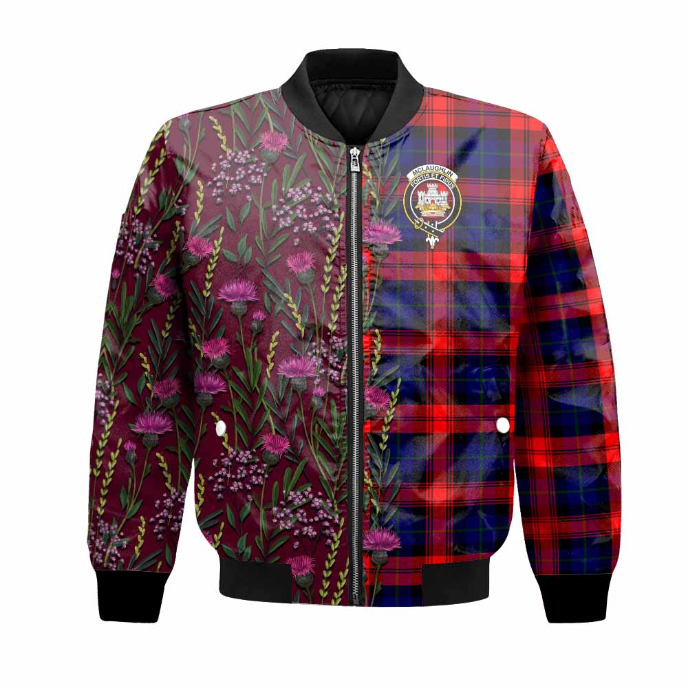 McLaughlin Family Crest Tartan Bomber Jacket Scottish Thistle Flower Pattern Half Style - Tartan Vibes Clothing