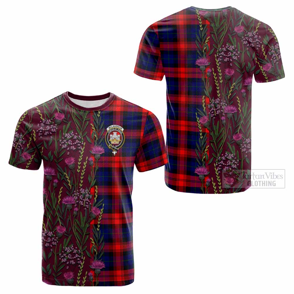 McLaughlin Family Crest Tartan Cotton T-shirt Scottish Thistle Flower Pattern Half Style - Tartan Vibes Clothing