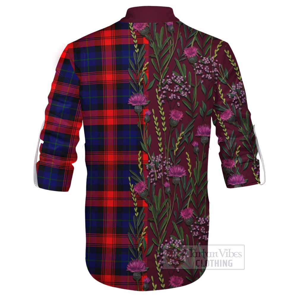 McLaughlin Family Crest Tartan Ghillie Shirt Scottish Thistle Flower Pattern Half Style - Tartan Vibes Clothing