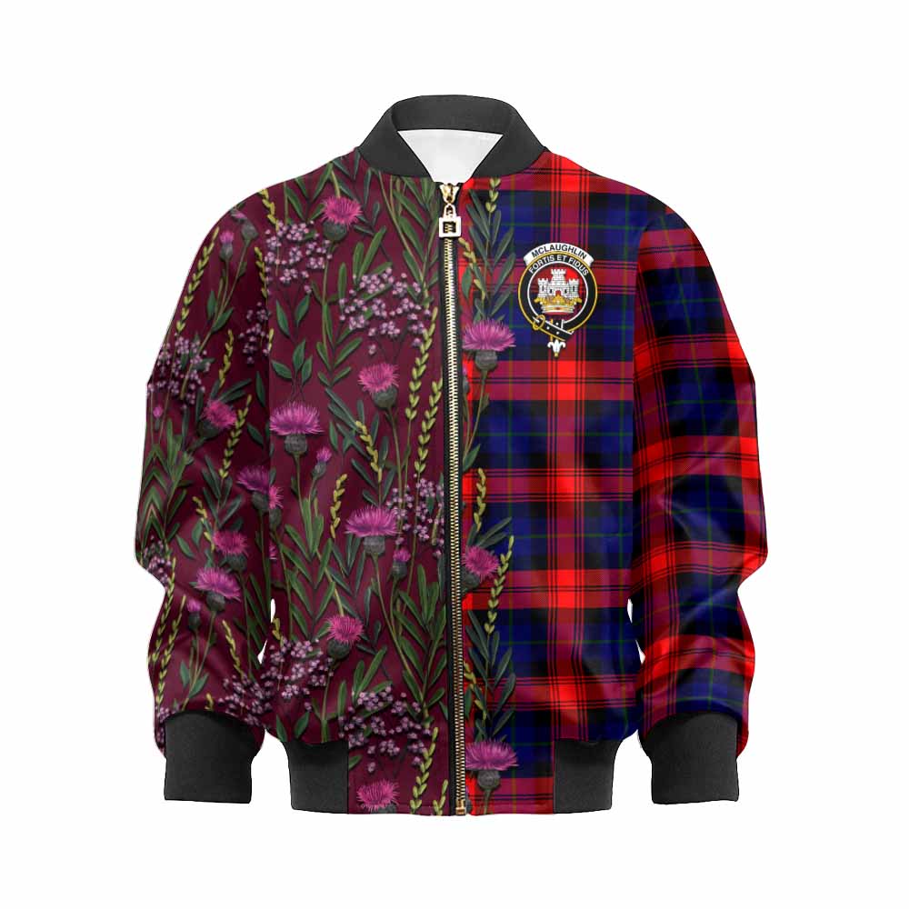 McLaughlin Family Crest Tartan Kid Bomber Jacket Scottish Thistle Flower Pattern Half Style - Tartan Vibes Clothing