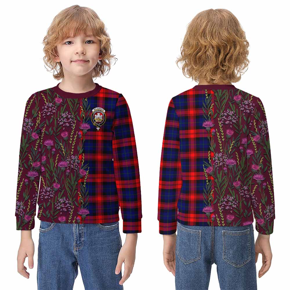 McLaughlin Family Crest Tartan Kid Knitted Sweatshirt Scottish Thistle Flower Pattern Half Style - Tartan Vibes Clothing