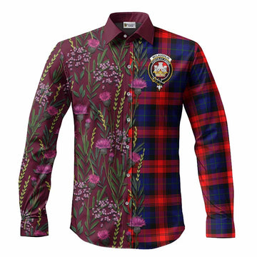 McLaughlin Family Crest Tartan Long Sleeve Button Shirts Scottish Thistle Flower Pattern Half Style
