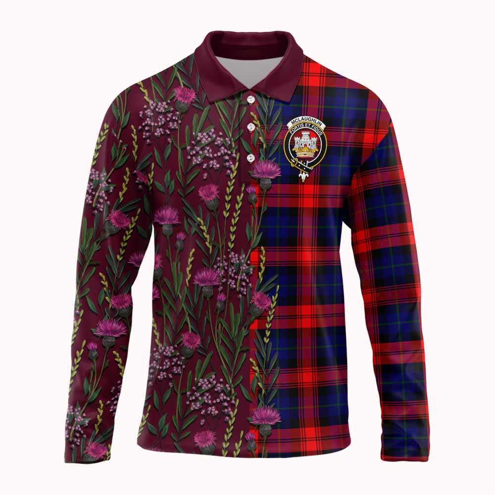McLaughlin Family Crest Tartan Long Sleeve Polo Shirt Scottish Thistle Flower Pattern Half Style - Tartan Vibes Clothing