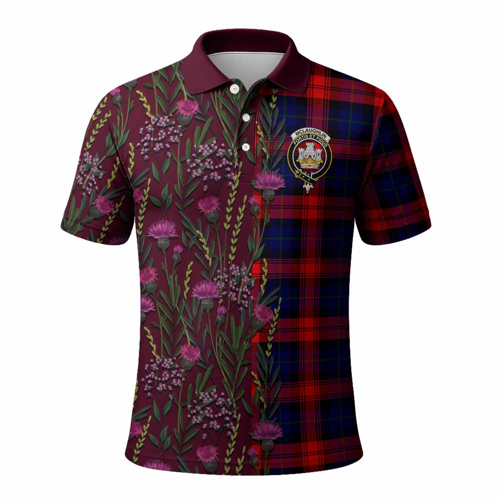 McLaughlin Family Crest Tartan Polo Shirt Scottish Thistle Flower Pattern Half Style - Tartan Vibes Clothing