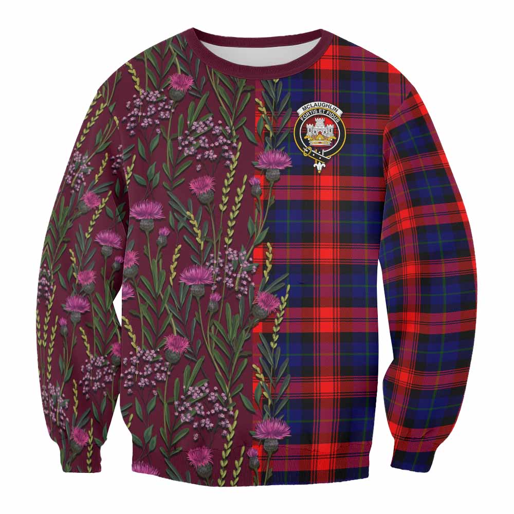 McLaughlin Family Crest Tartan Sweatshirt Scottish Thistle Flower Pattern Half Style - Tartan Vibes Clothing