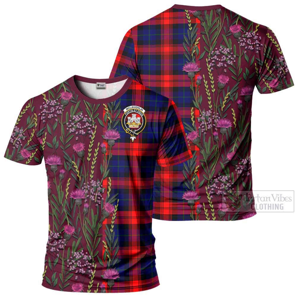 McLaughlin Family Crest Tartan T-Shirt Scottish Thistle Flower Pattern Half Style - Tartan Vibes Clothing
