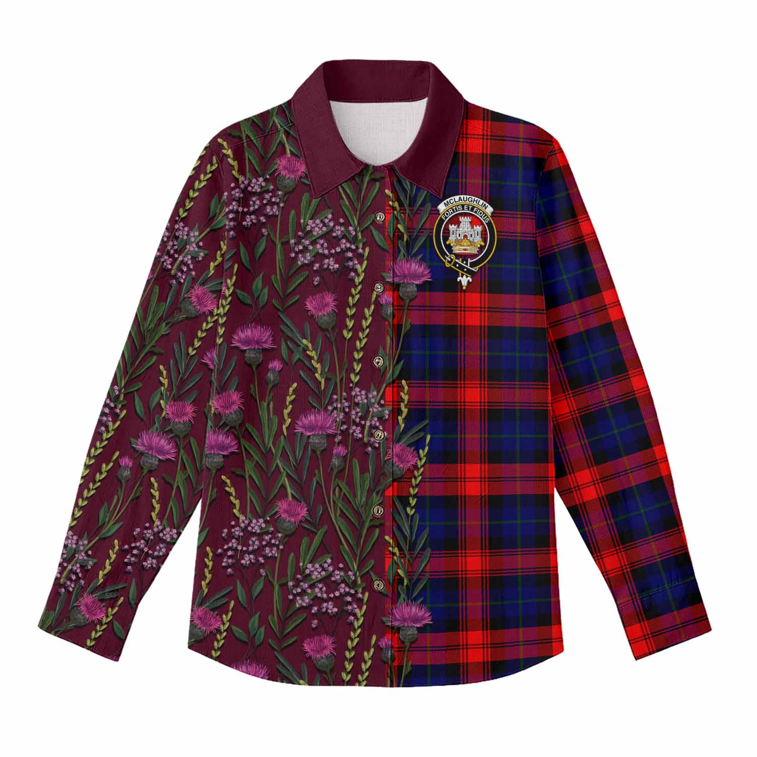 McLaughlin Family Crest Tartan Women Casual Shirt Scottish Thistle Flower Pattern Half Style - Tartan Vibes Clothing