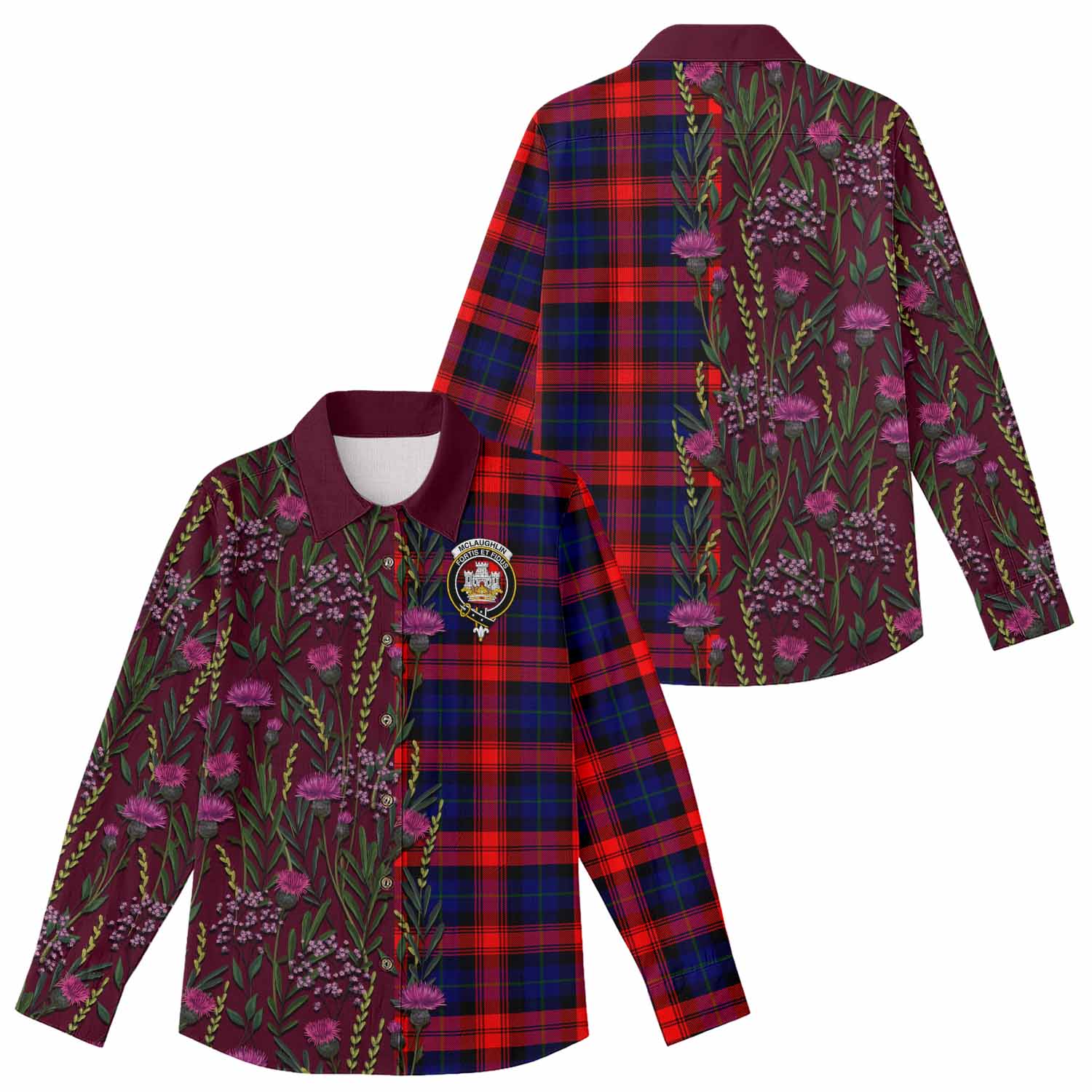 McLaughlin Family Crest Tartan Women Casual Shirt Scottish Thistle Flower Pattern Half Style - Tartan Vibes Clothing