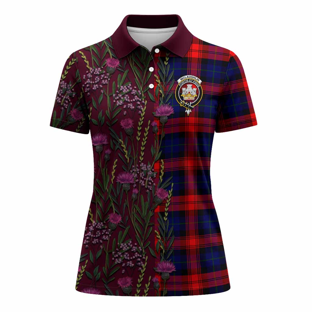 McLaughlin Family Crest Tartan Women Polo Shirt Scottish Thistle Flower Pattern Half Style - Tartan Vibes Clothing