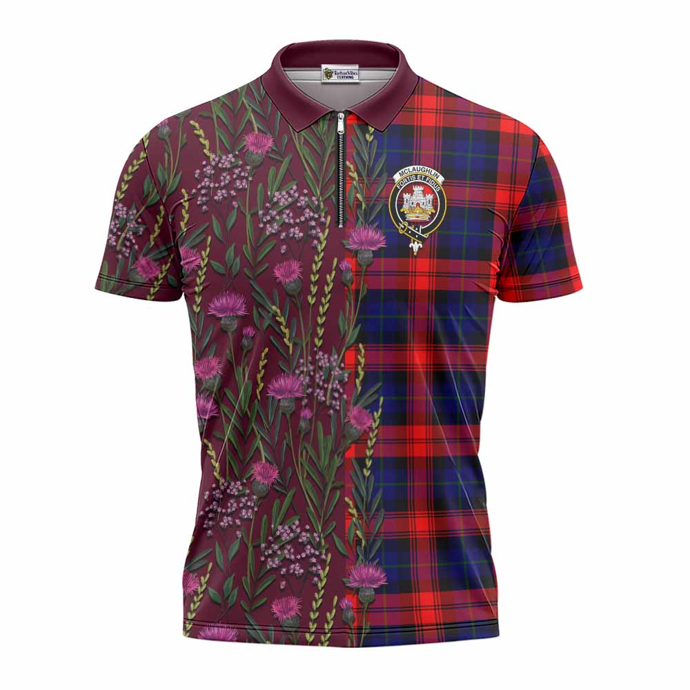 McLaughlin Family Crest Tartan Zipper Polo Shirt Scottish Thistle Flower Pattern Half Style - Tartan Vibes Clothing