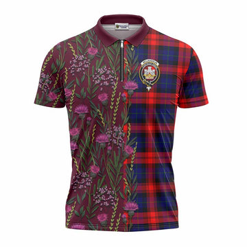 McLaughlin Family Crest Tartan Zipper Polo Shirt Scottish Thistle Flower Pattern Half Style - Tartan Vibes Clothing
