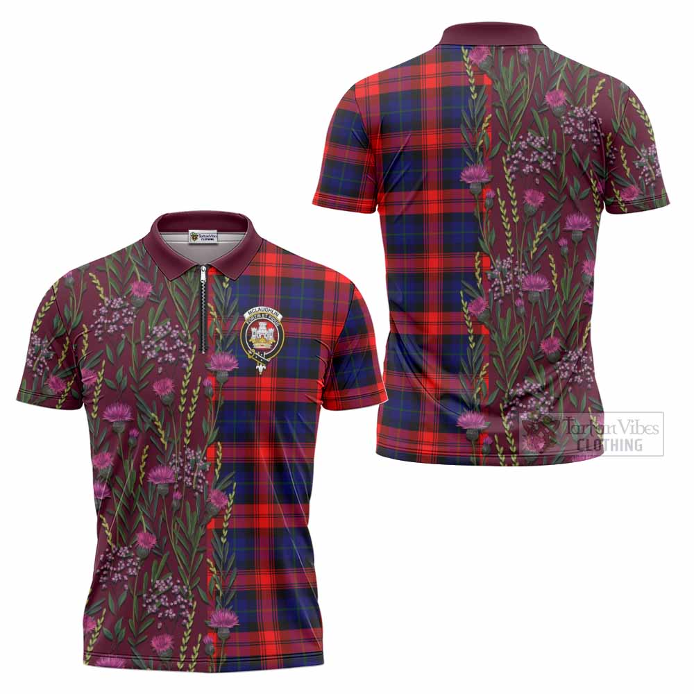 McLaughlin Family Crest Tartan Zipper Polo Shirt Scottish Thistle Flower Pattern Half Style - Tartan Vibes Clothing