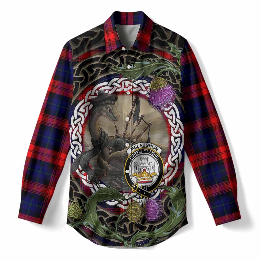 McLaughlin Tartan Crest Bagpipe Nessie Women Casual Shirt Scottish Loch Ness Monster Celtic Thistle
