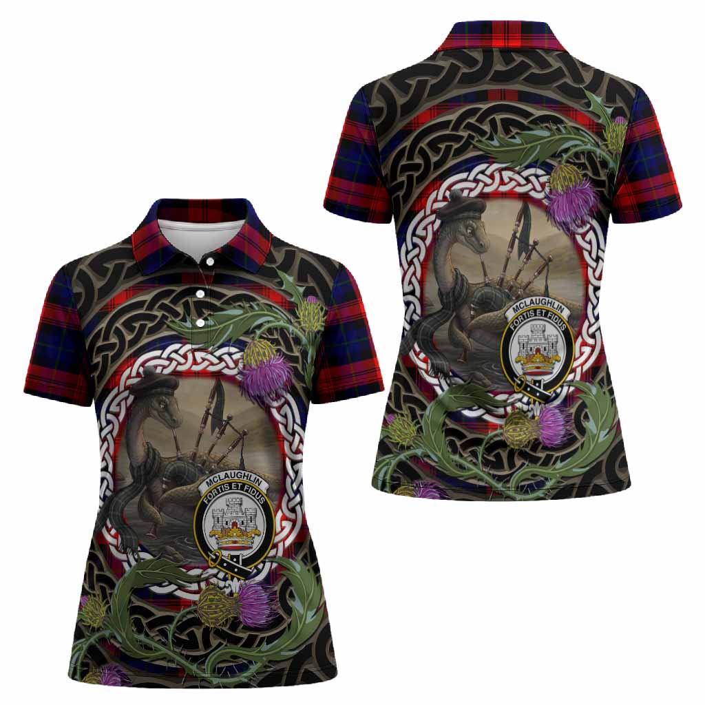 McLaughlin Tartan Crest Bagpipe Nessie Women Polo Shirt Scottish Loch Ness Monster Celtic Thistle