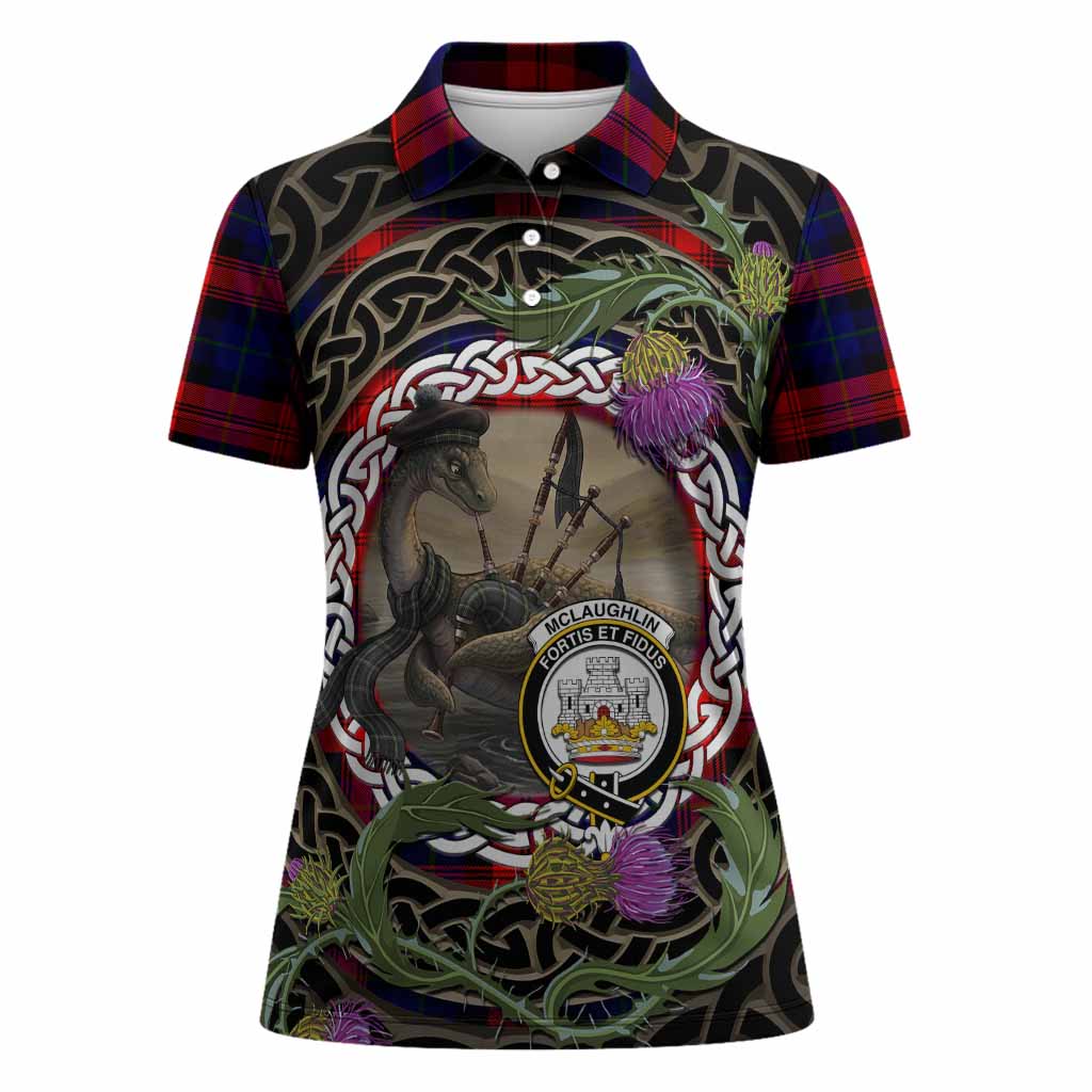 McLaughlin Tartan Crest Bagpipe Nessie Women Polo Shirt Scottish Loch Ness Monster Celtic Thistle