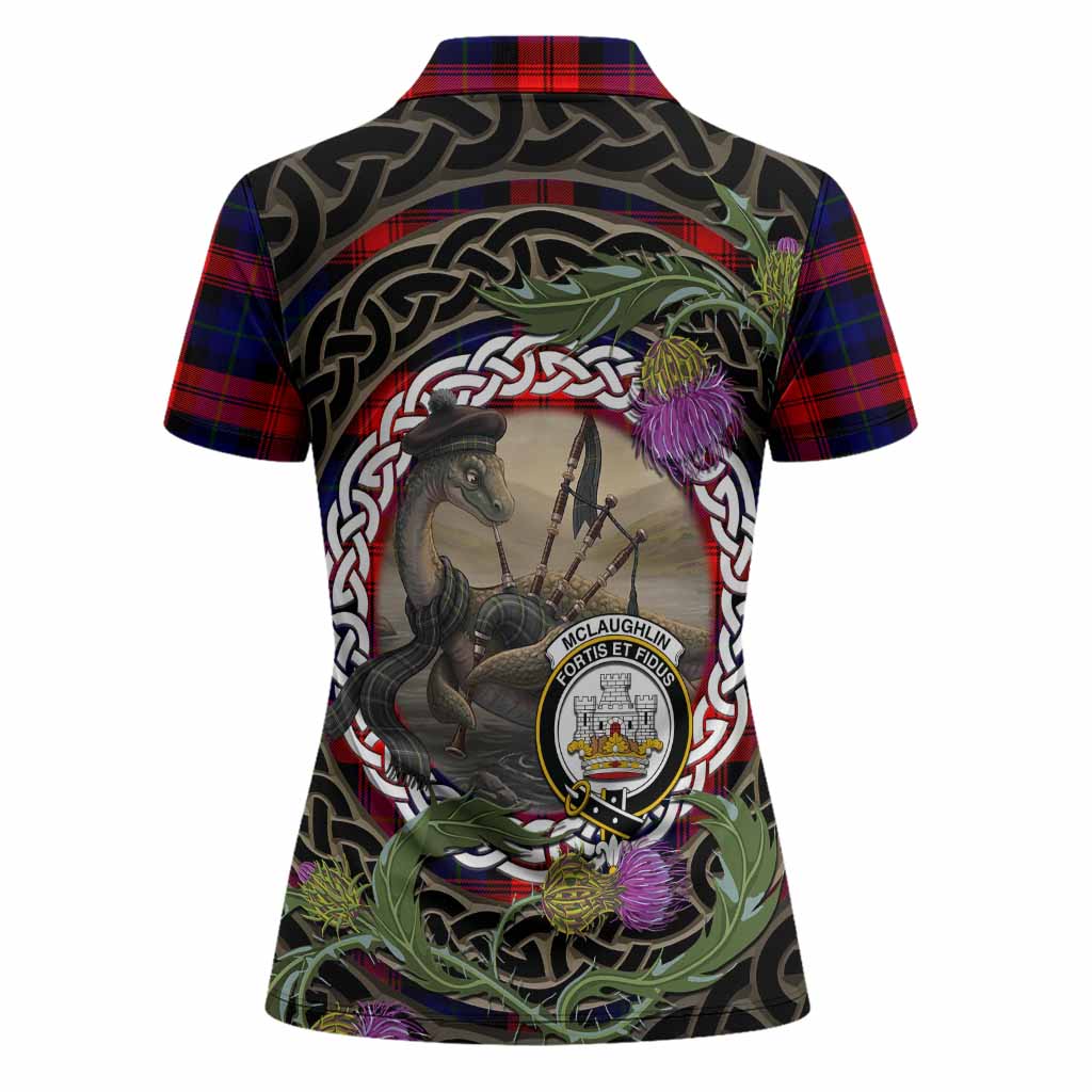 McLaughlin Tartan Crest Bagpipe Nessie Women Polo Shirt Scottish Loch Ness Monster Celtic Thistle