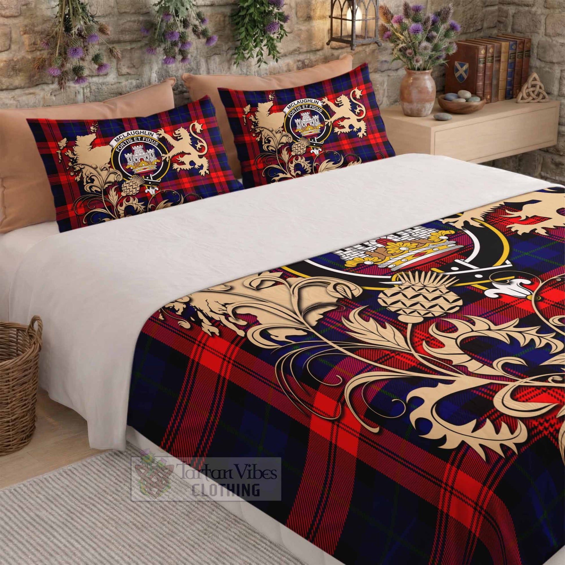 McLaughlin Tartan Crest Bedding Set with Scottish Iconic Symbols 