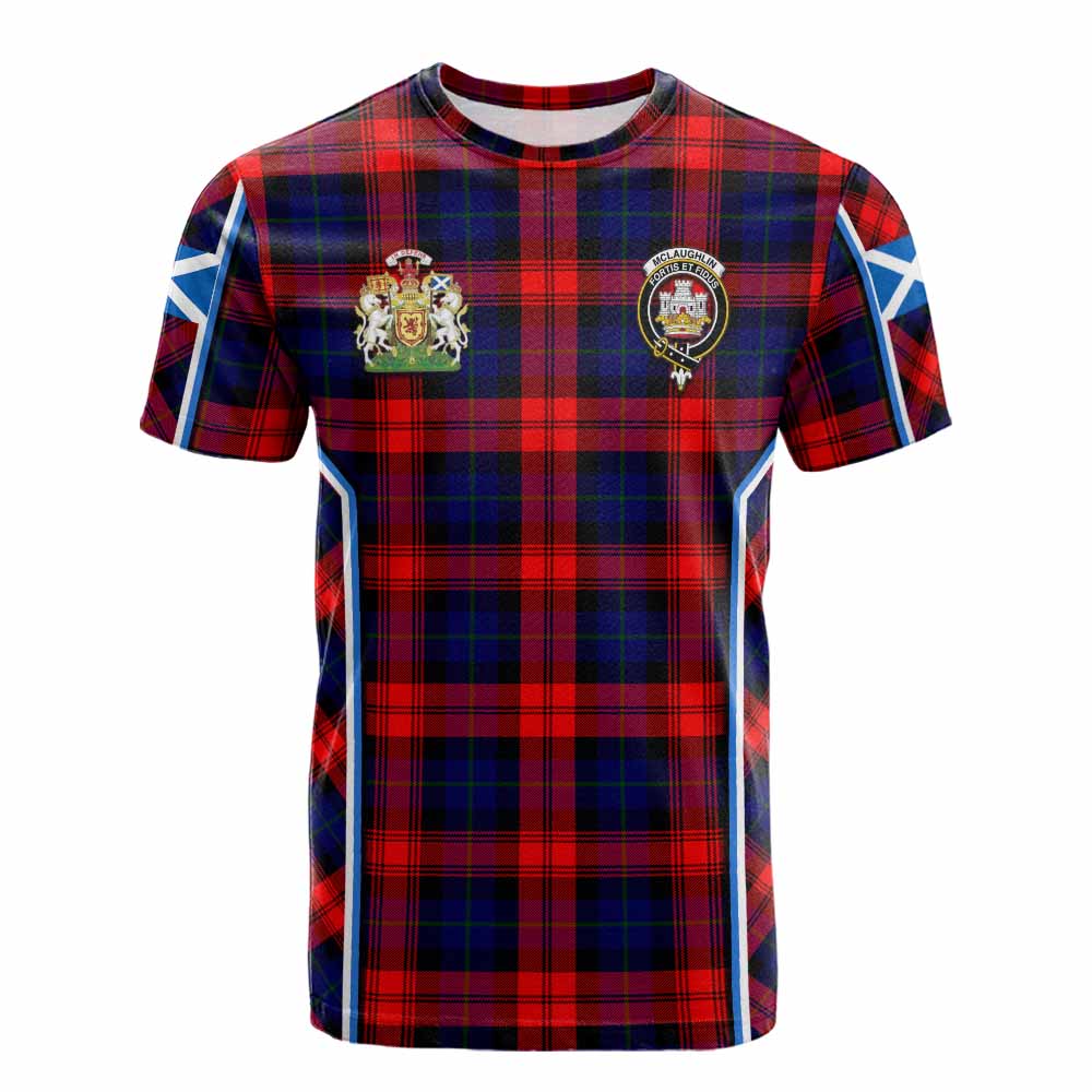 Mclaughlin Tartan Crest Cotton T-shirt Scotland Coat of Arm Flag Style - Tartan Vibes Clothing