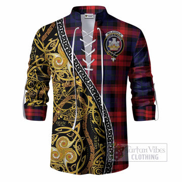 McLaughlin Tartan Crest Ghillie Shirt Celtic Knot and Triple Trickle Spiral Symbols