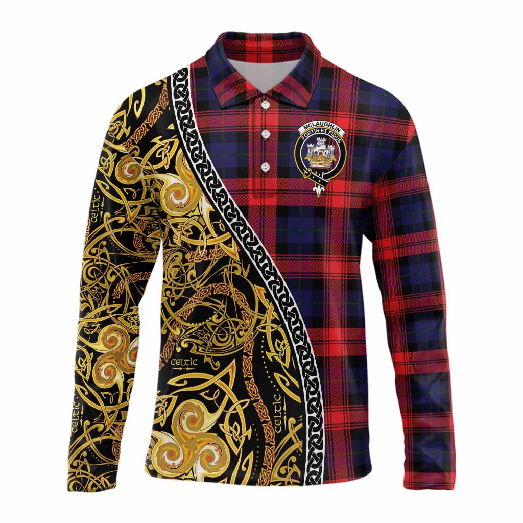 McLaughlin Tartan Crest Long Sleeve Polo Shirt Celtic Knot and Triple Trickle Spiral Symbols