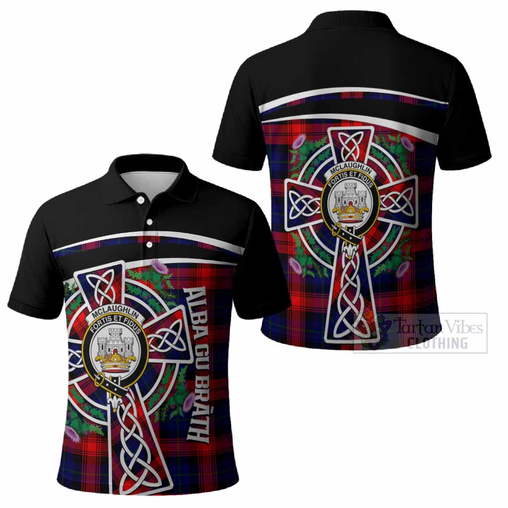 McLaughlin Tartan Crest Polo Shirt Scottish Thistle Celtic Cross Alba Gu Brath
