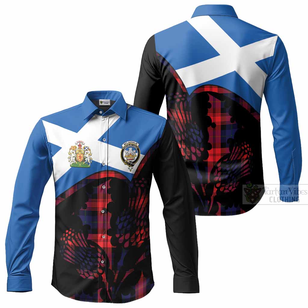 McLaughlin Tartan Family Crest Long Sleeve Button Shirts Scotland Thistle Floral Flag Style