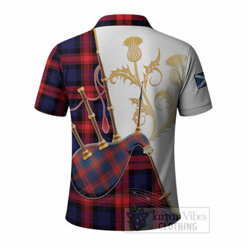 McLaughlin Tartan Family Crest Polo Shirt Bagpipes with Scottish Thistle